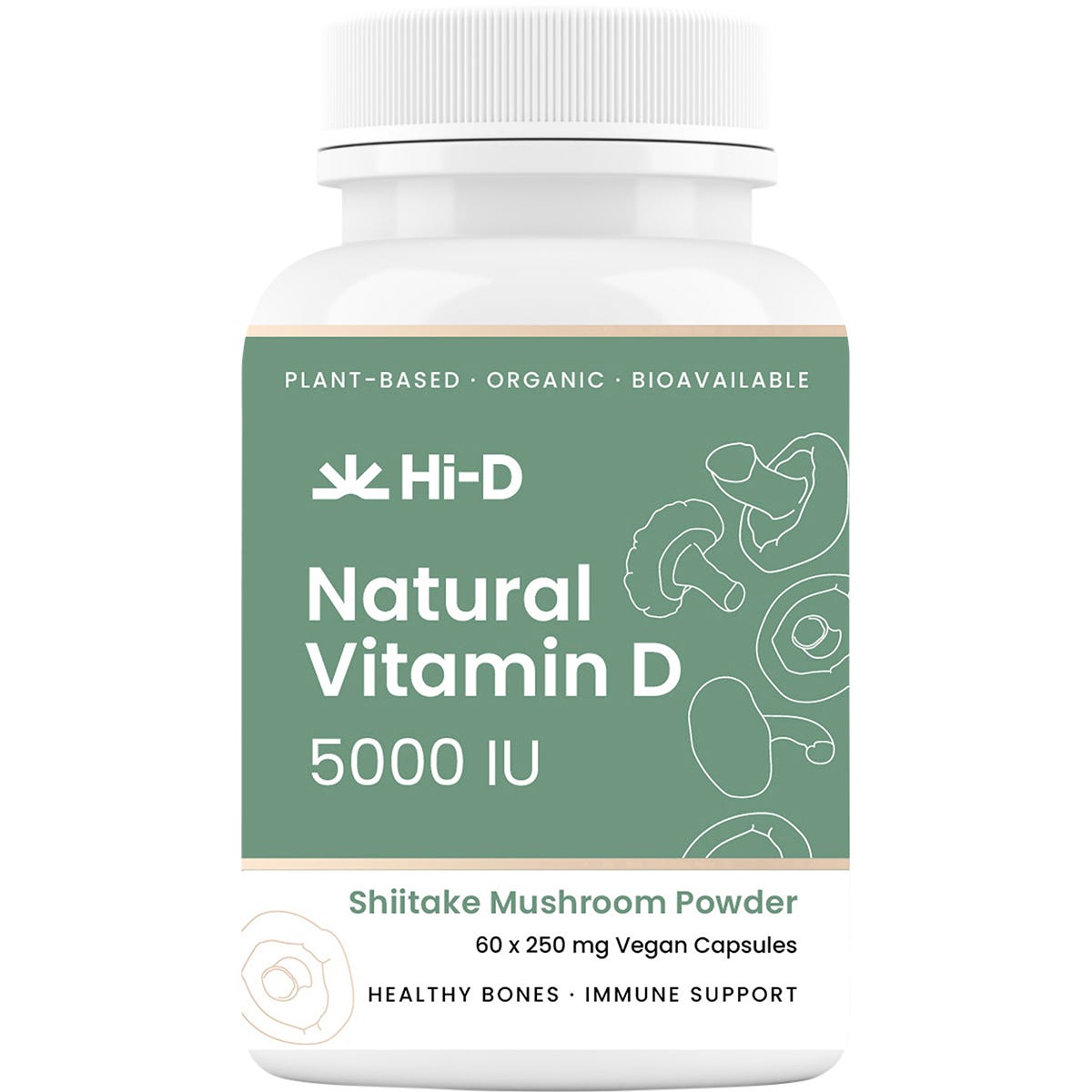 60 caps of Hi-D Natural Vitamin D 5000 IU featuring a white bottle with organic shiitake mushroom illustrations.