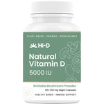 60 caps of Hi-D Natural Vitamin D 5000 IU featuring a white bottle with organic shiitake mushroom illustrations.