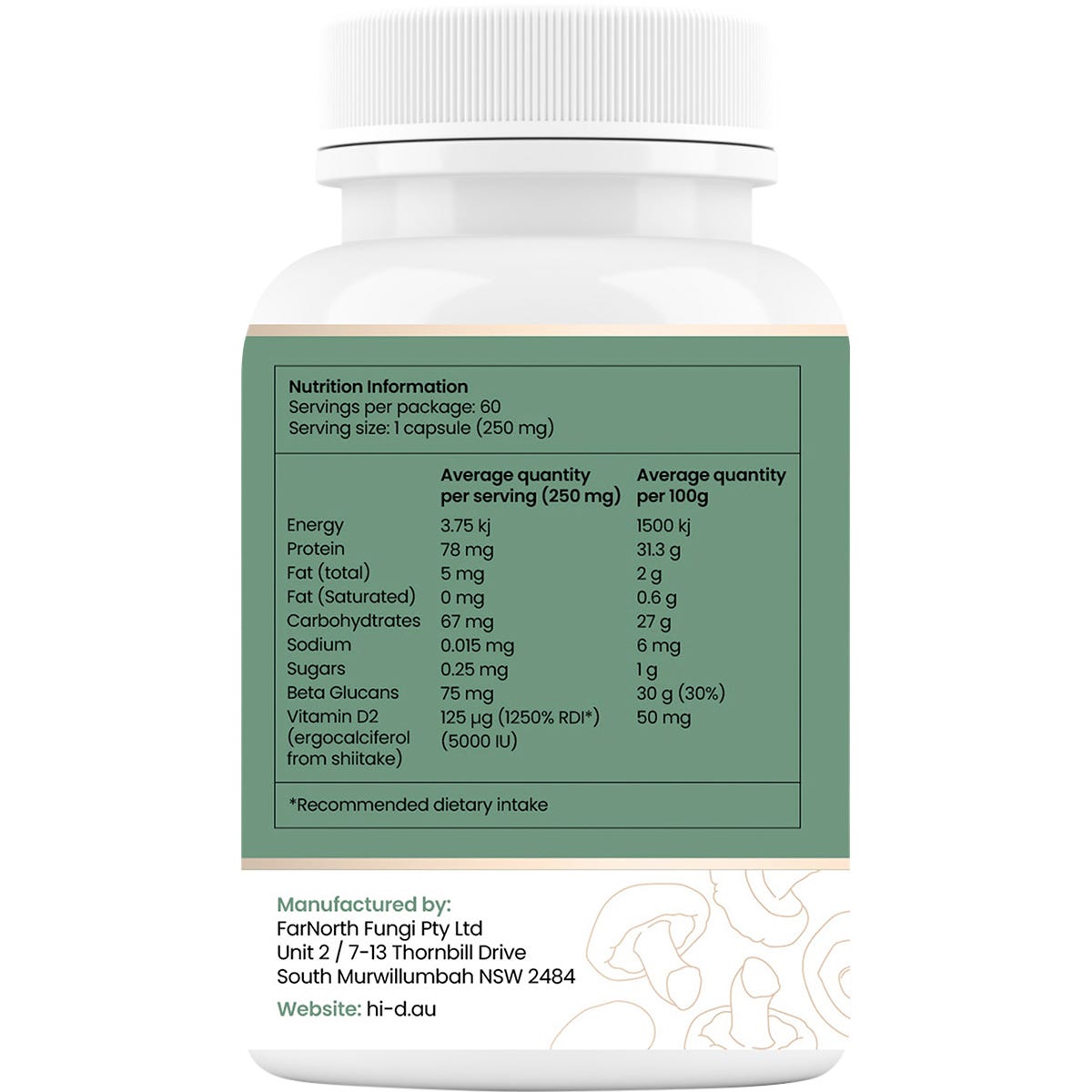 Side view of a white Hi-D Natural Vitamin D bottle featuring organic shiitake mushroom illustrations.