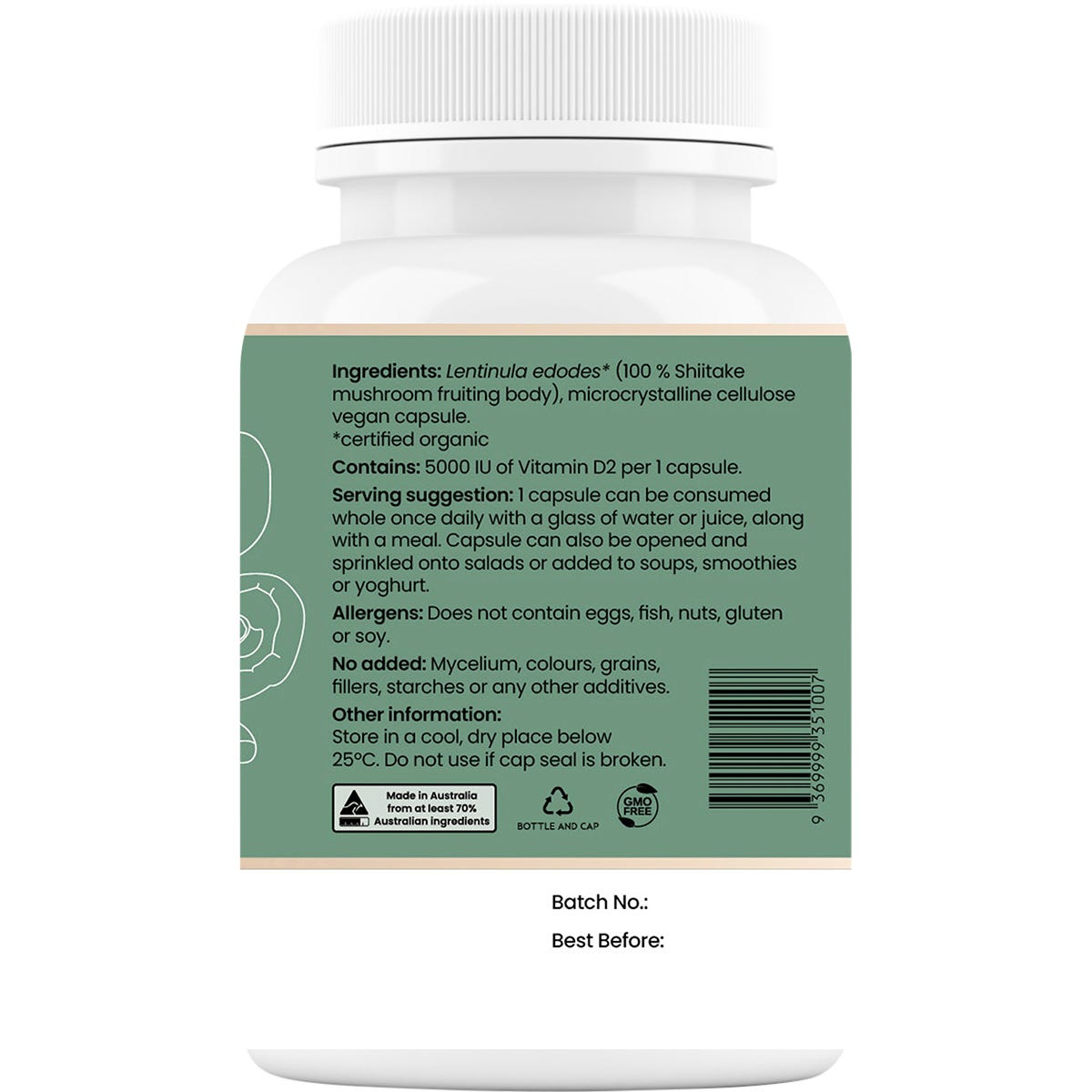 Side view of a Hi-D Natural Vitamin D 60 caps bottle showing dosage information and product benefits.
