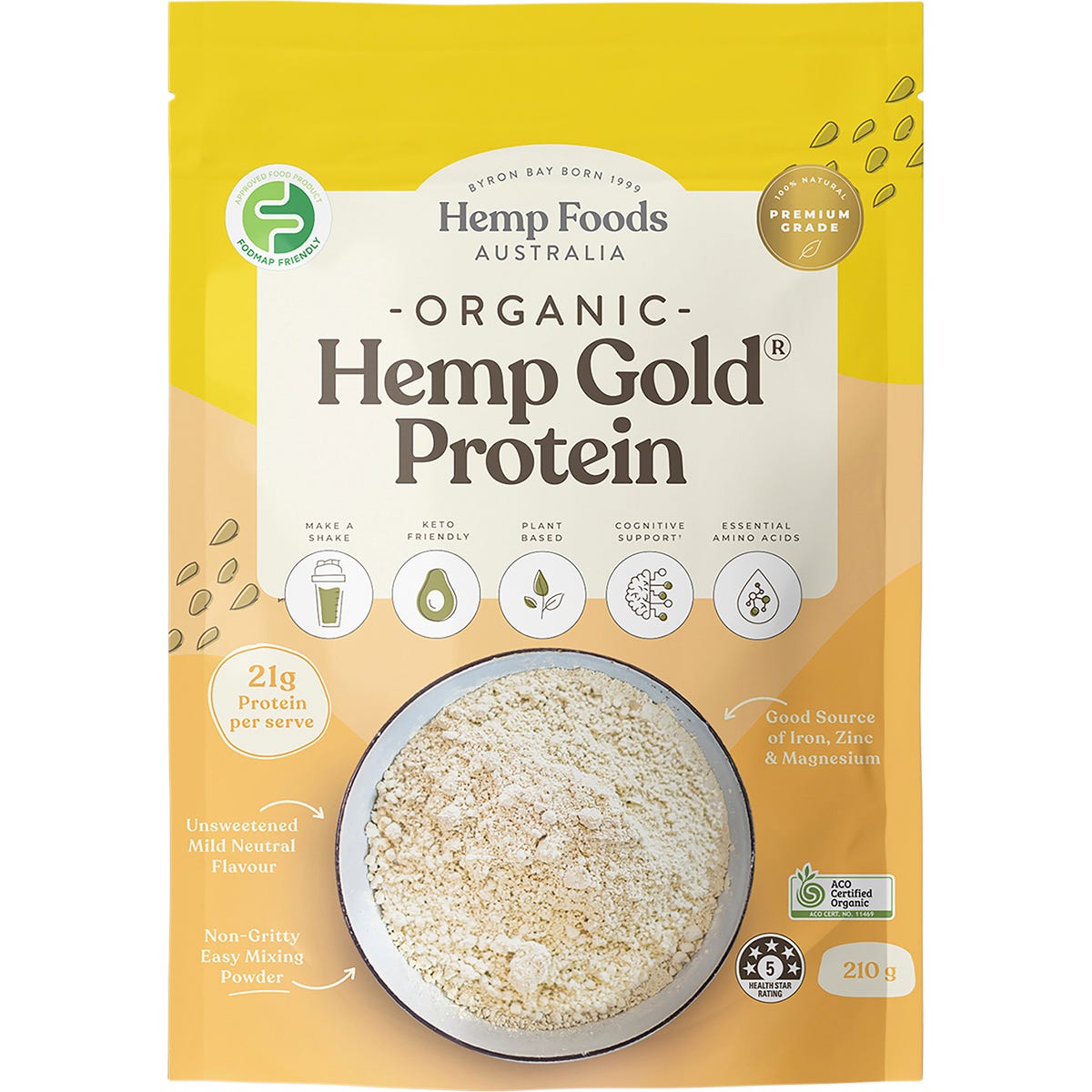 210g pouch of Hemp Foods Australia Organic Hemp Gold Protein, a smooth plant-based hemp seed protein powder.