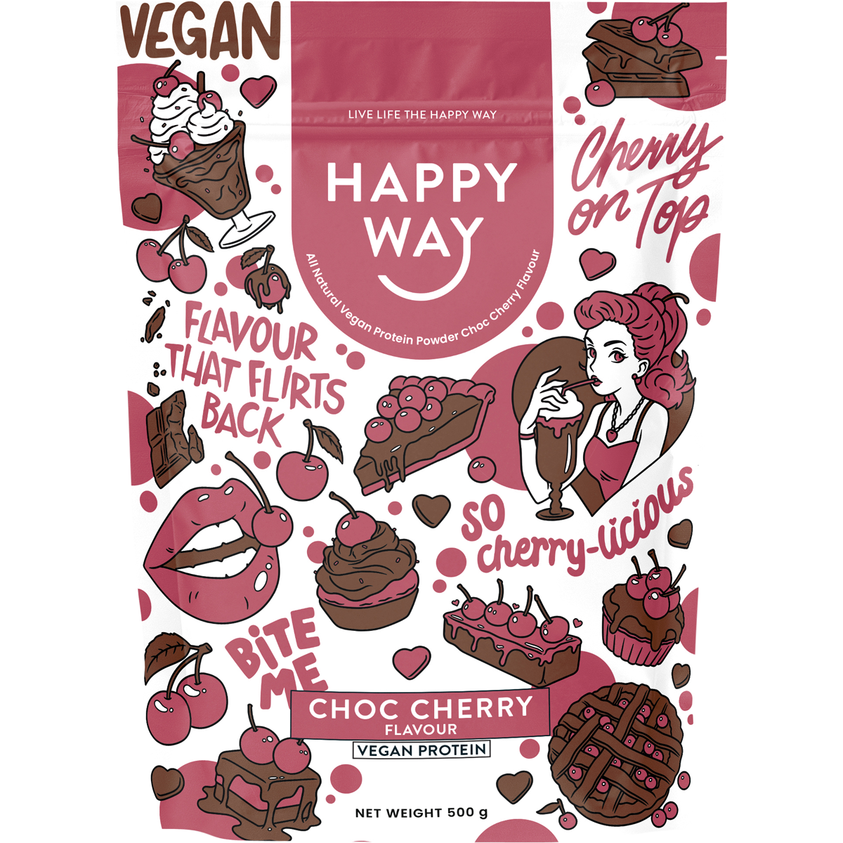500g pouch of Happy Way Vegan Protein Powder in Choc Cherry flavor with a pink and brown label on a white background.