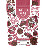 500g pouch of Happy Way Vegan Protein Powder in Choc Cherry flavor with a pink and brown label on a white background.
