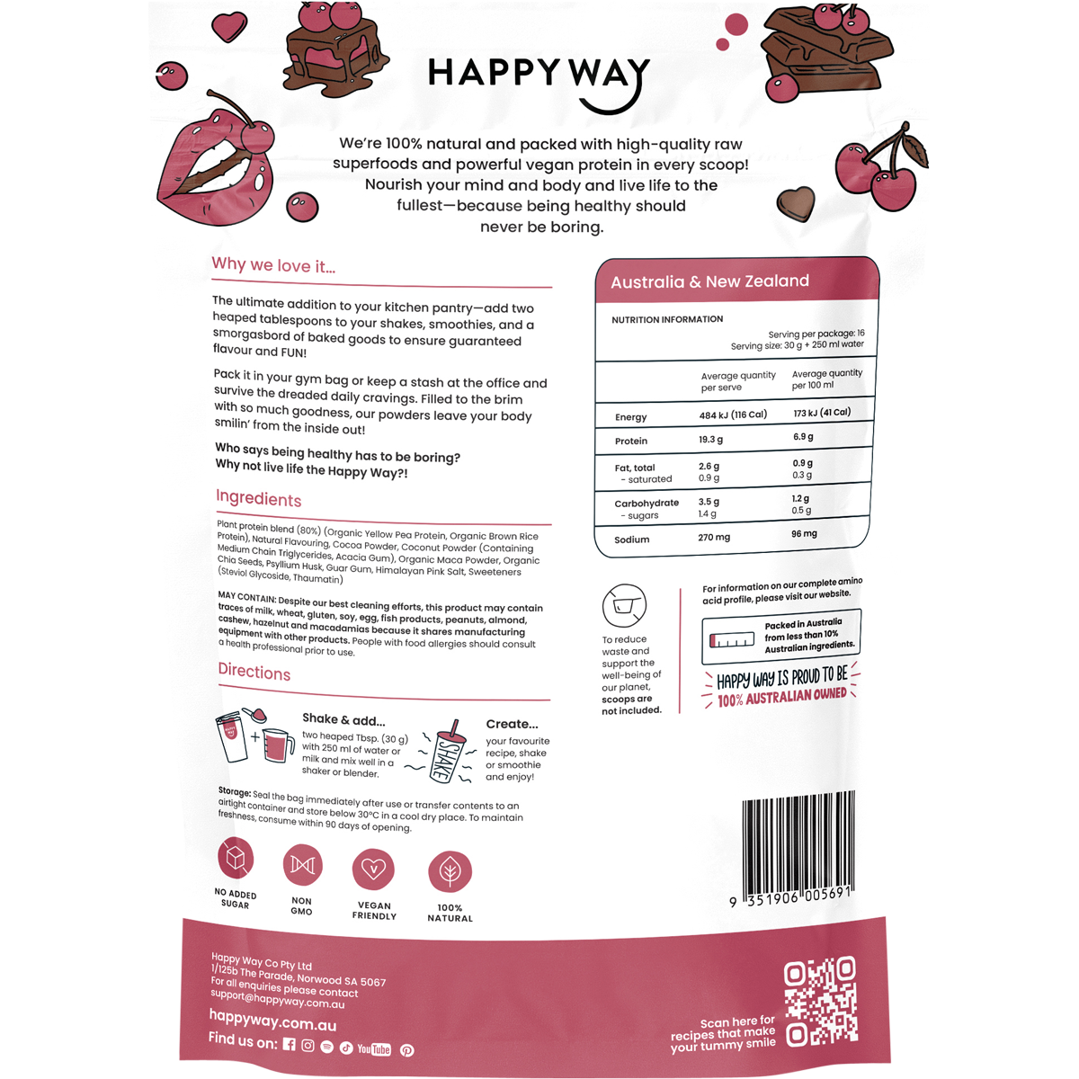 Happy Way Vegan Protein Powder Choc Cherry 500g