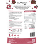 Back of Happy Way Choc Cherry Vegan Protein Powder pouch showing ingredients and nutritional information.