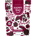 500g pouch of Happy Way Choc Cherry Whey Protein Powder with cherry and chocolate illustrations on a pink label.