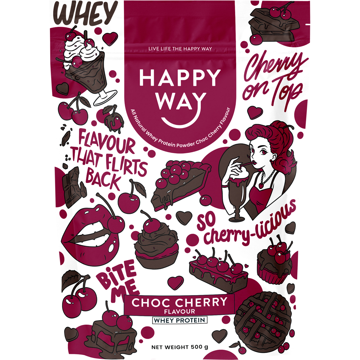 500g pouch of Happy Way Choc Cherry Whey Protein Powder with cherry and chocolate illustrations on a pink label.
