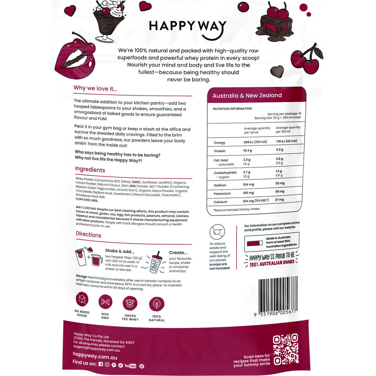 Happy Way Whey Protein Powder Choc Cherry 500g
