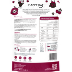 Back of Happy Way Choc Cherry Whey Protein 500g pouch showing nutritional info and ingredients on a pink label.