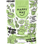500g pouch of Happy Way Matcha Latte Vegan Protein Powder with a green label and matcha whisk illustration.