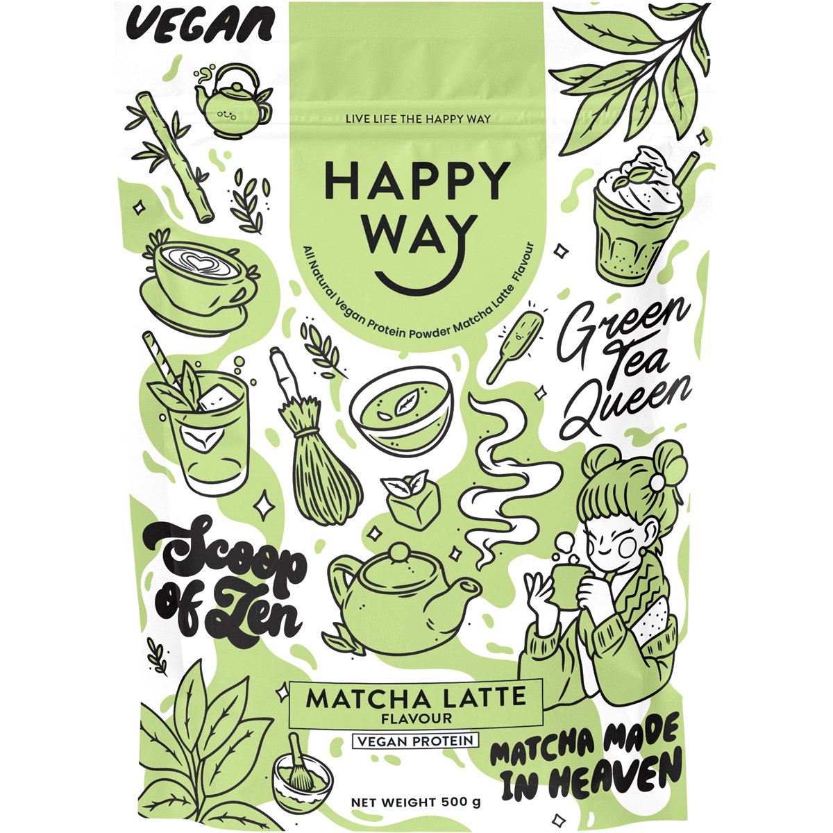 500g pouch of Happy Way Matcha Latte Vegan Protein Powder with a green label and matcha whisk illustration.