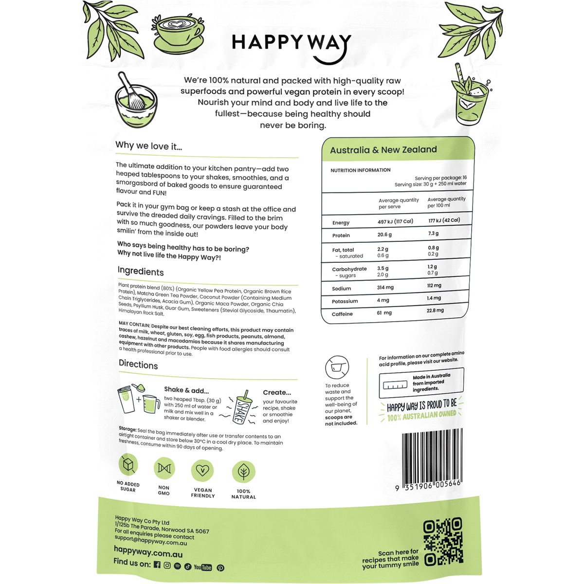 Happy Way Vegan Protein Powder Matcha Latte 500g