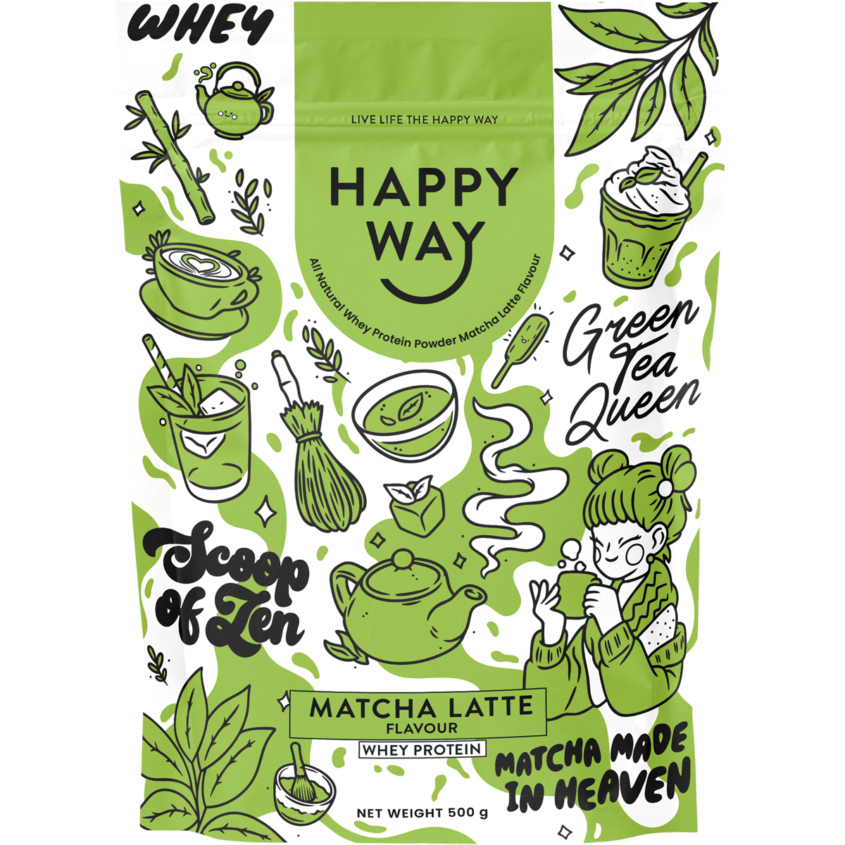 500g bag of Happy Way Matcha Latte Whey Protein Powder featuring a green and white label on a white background.