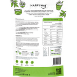 Rear of 500g Happy Way Matcha Latte Whey Protein bag showing ingredients, nutrition facts, and directions.