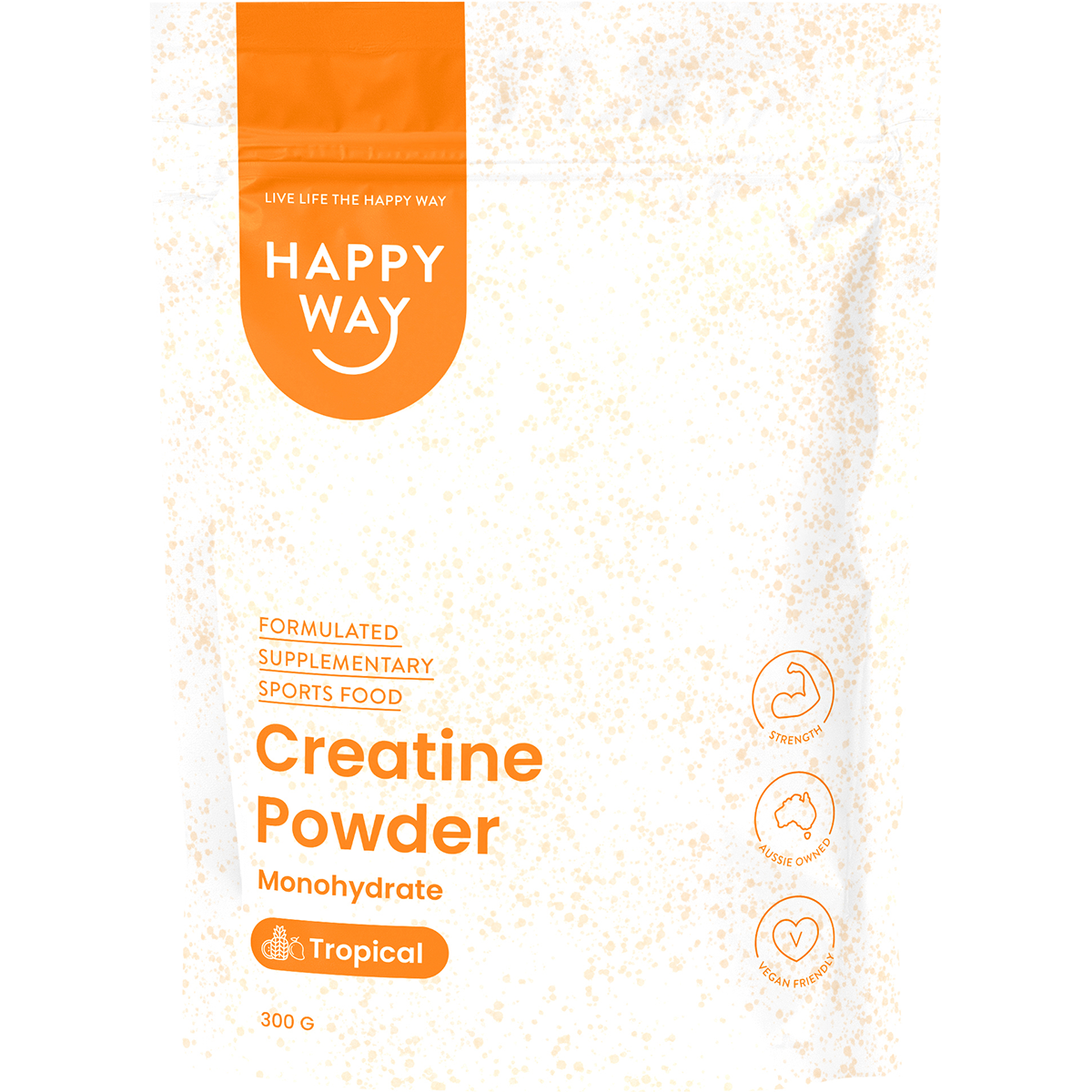300g tub of Happy Way Tropical Creatine Powder Monohydrate with a colorful label and tropical fruit illustrations.