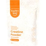 300g tub of Happy Way Tropical Creatine Powder Monohydrate with a colorful label and tropical fruit illustrations.