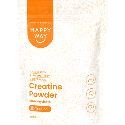 300g tub of Happy Way Tropical Creatine Powder Monohydrate with a colorful label and tropical fruit illustrations.