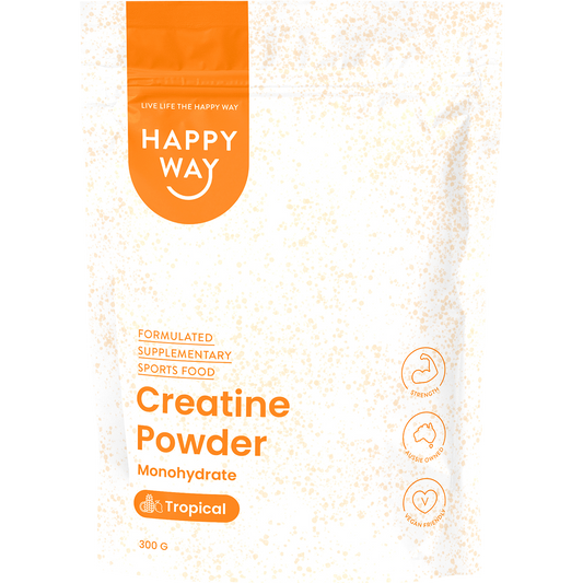 300g tub of Happy Way Tropical Creatine Powder Monohydrate with a colorful label and tropical fruit illustrations.