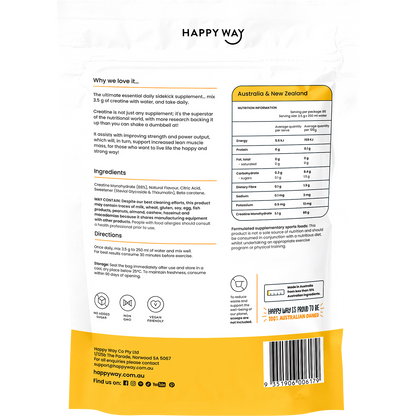 Back of Happy Way Tropical Creatine 300g tub with nutrition facts, ingredients, and directions for use.