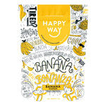 1kg bag of Happy Way Banana Bonanza Whey Protein Powder with a yellow label and banana illustrations.
