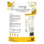 The back of a 1kg Happy Way Banana Whey Protein Powder bag showing ingredients, nutrition facts, and usage instructions.