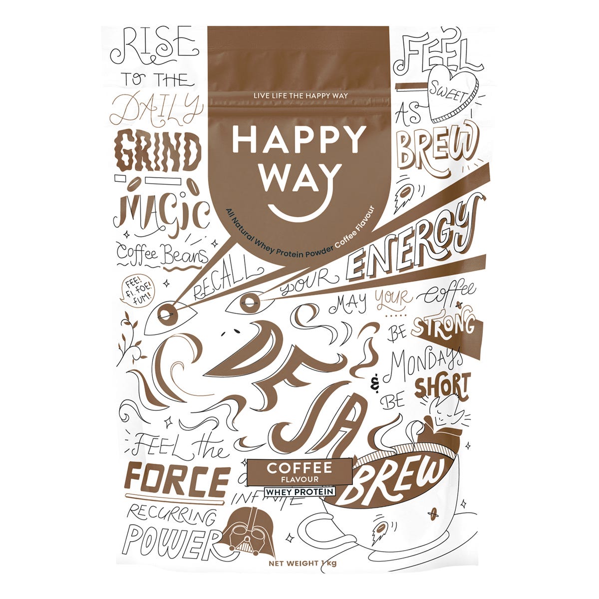 1kg bag of Happy Way Deja Brew Coffee Whey Protein Powder with a coffee bean illustration.