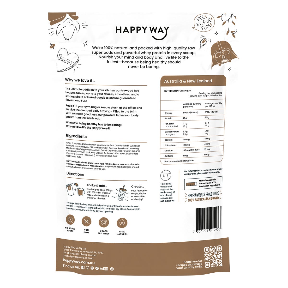 Back of Happy Way Deja Brew Coffee Whey Protein 1kg bag showing nutritional information and ingredients.