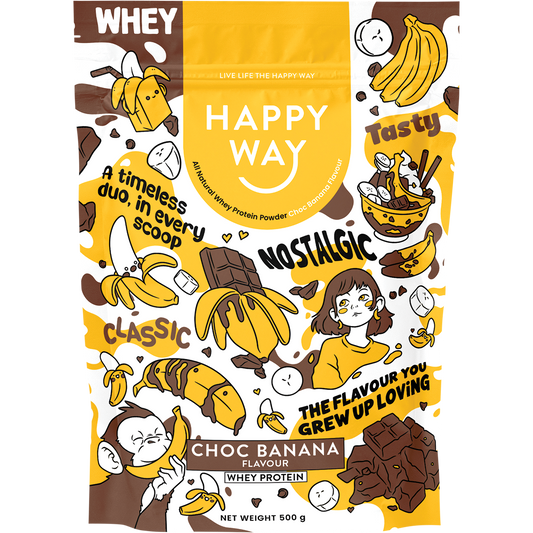 Happy Way 500g Whey Protein Powder bag in Choc Banana flavour on a white background.