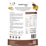 Back of Happy Way 500g Choc Banana Whey Protein bag showing nutritional information and ingredients on a white background.