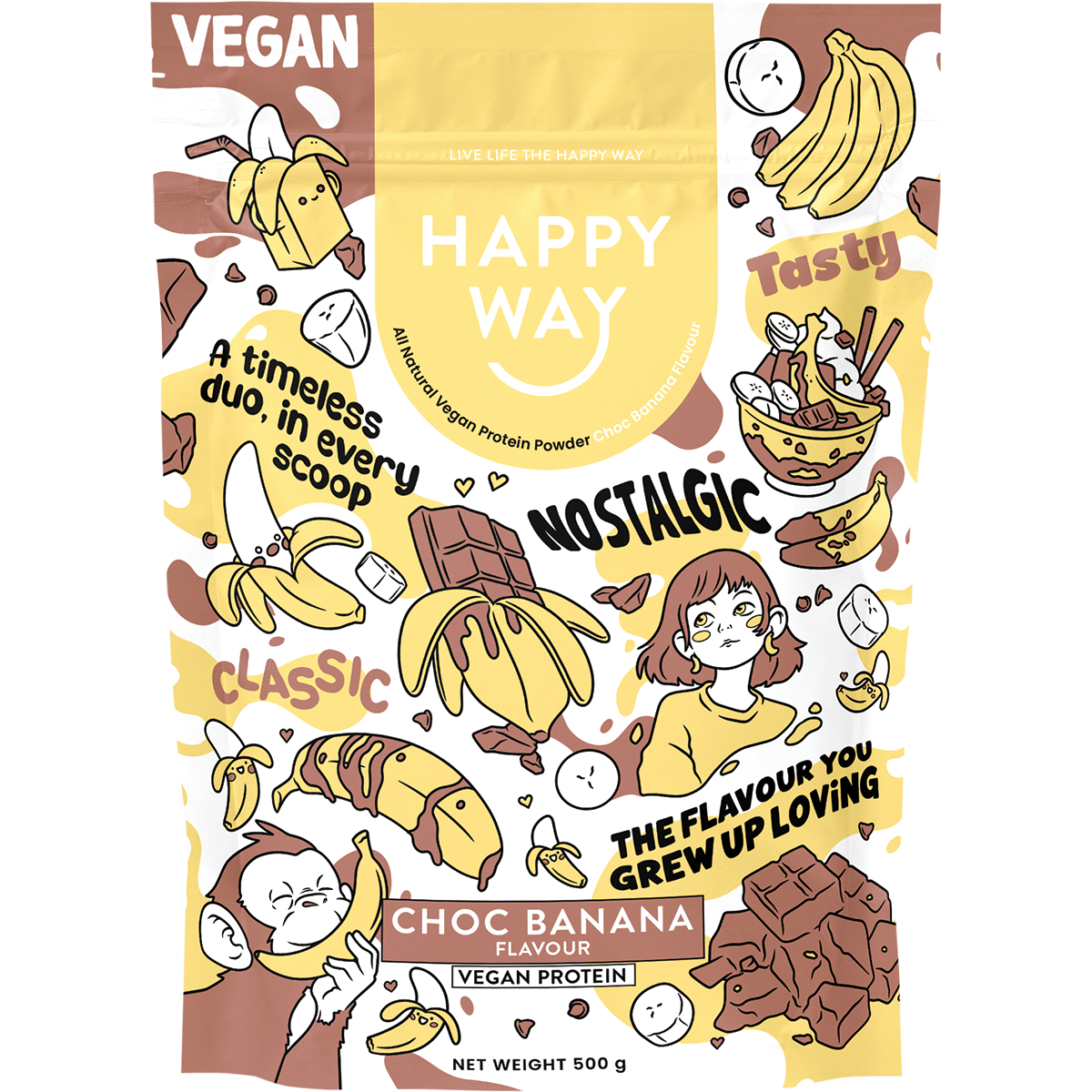 Happy Way 500g Vegan Protein Powder pouch in Choc Banana flavor on a white background.