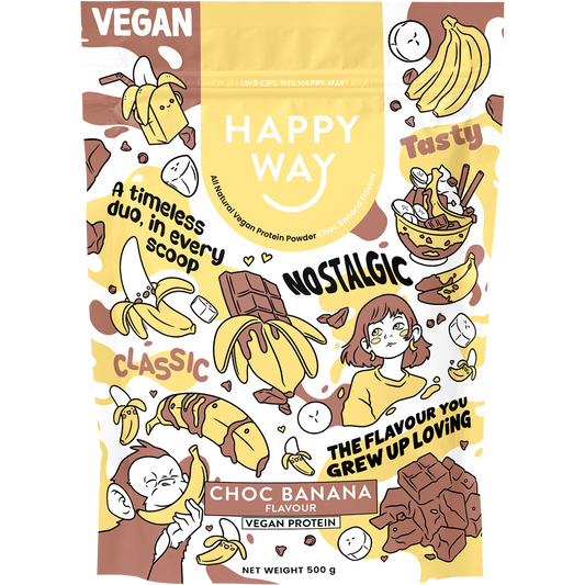 Happy Way 500g Vegan Protein Powder pouch in Choc Banana flavor on a white background.