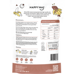 Back of Happy Way Choc Banana Vegan Protein 500g pouch with nutrition facts and ingredients on a white background.