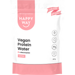 Happy Way Vegan Protein Water Lychee 420g tub with a white label and light pink botanical illustrations.