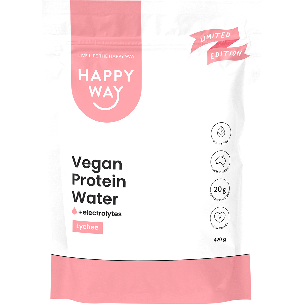 Happy Way Vegan Protein Water Lychee 420g tub with a white label and light pink botanical illustrations.