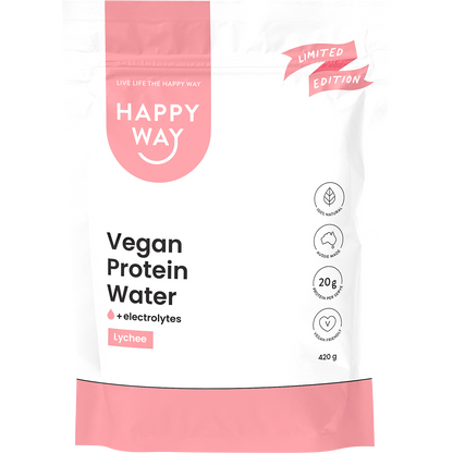 Happy Way Vegan Protein Water Lychee 420g tub with a white label and light pink botanical illustrations.