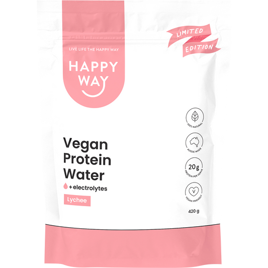 Happy Way Vegan Protein Water Lychee 420g tub with a white label and light pink botanical illustrations.