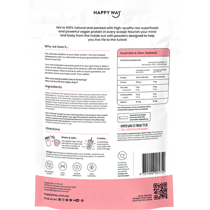 Back view of a 420g Happy Way Lychee Vegan Protein Water tub showing nutritional information and directions for use.