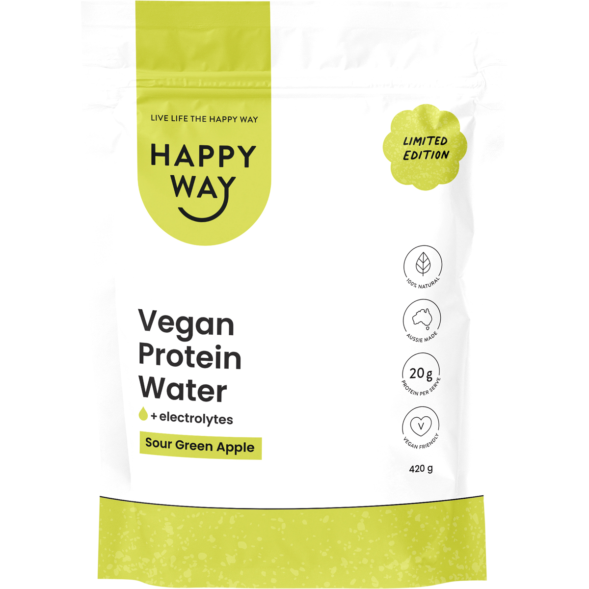 420g tub of Happy Way Sour Green Apple Vegan Protein Water with a green label and botanical illustrations.