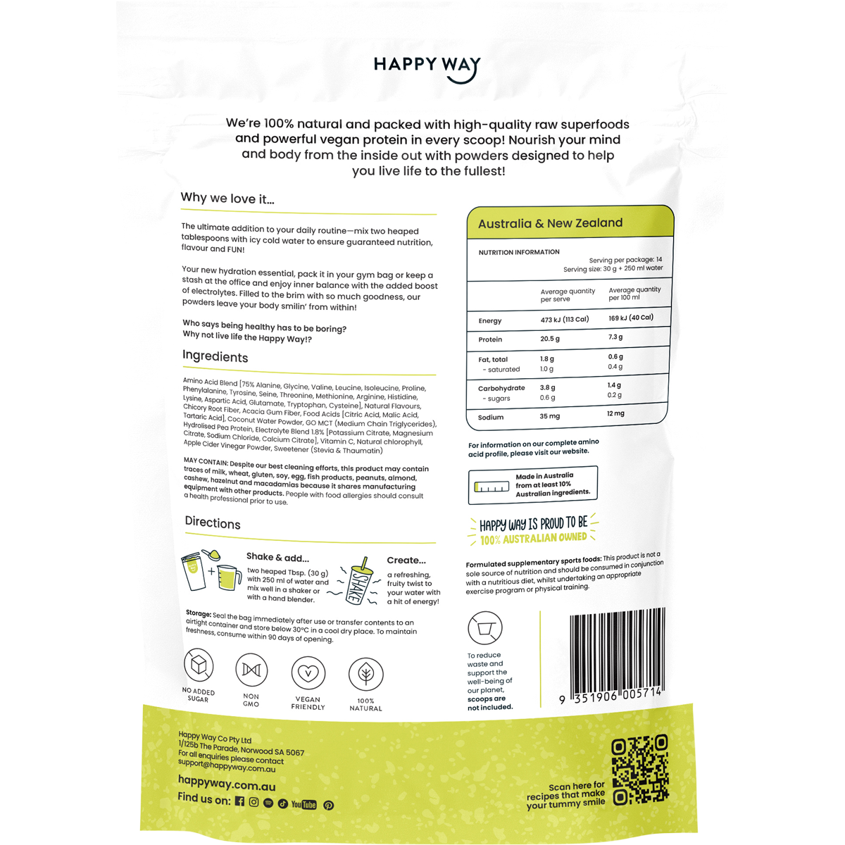 Back of Happy Way Sour Green Apple Vegan Protein Water tub showing nutritional information and directions.