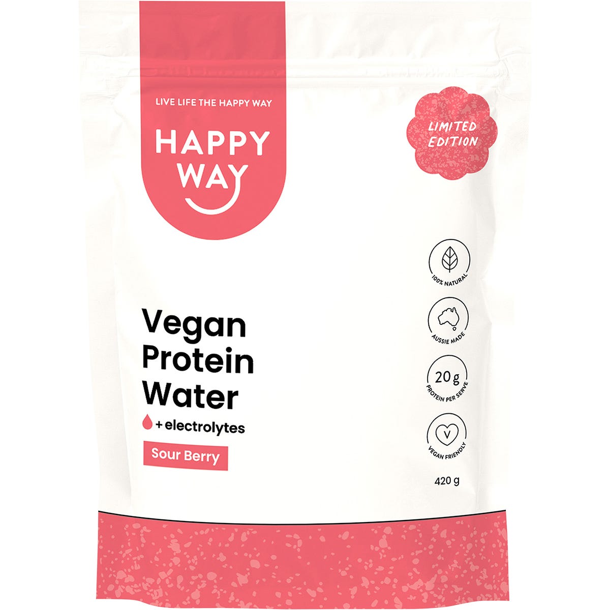 420g tub of Happy Way Sour Berry Vegan Protein Water Powder with a vibrant pink and purple label.