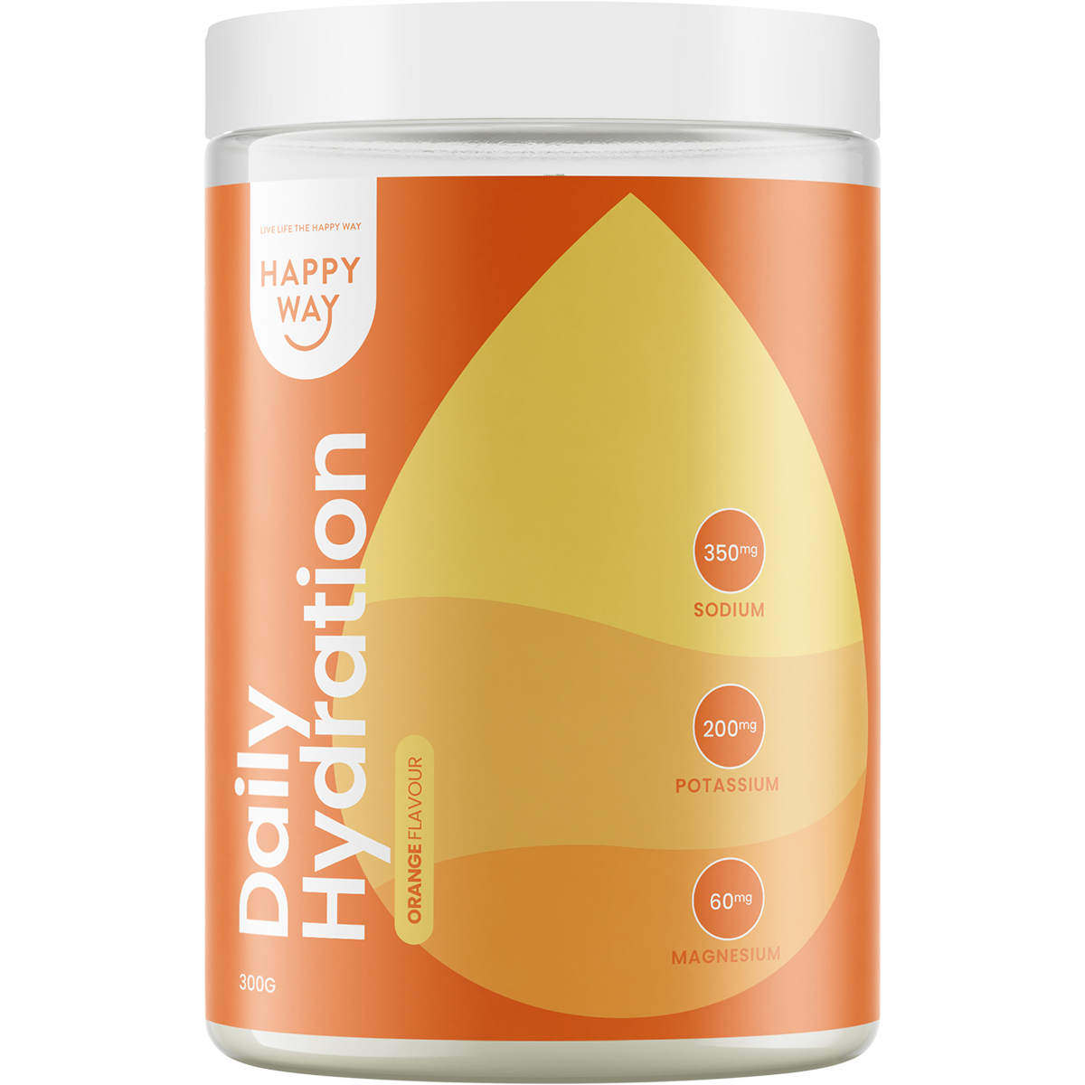 300g tub of Happy Way Daily Hydration Orange featuring a white label with vibrant orange citrus graphics.