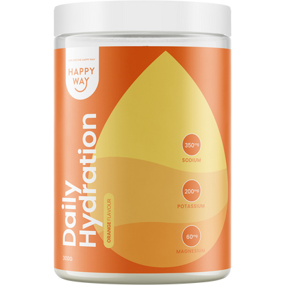 300g tub of Happy Way Daily Hydration Orange featuring a white label with vibrant orange citrus graphics.