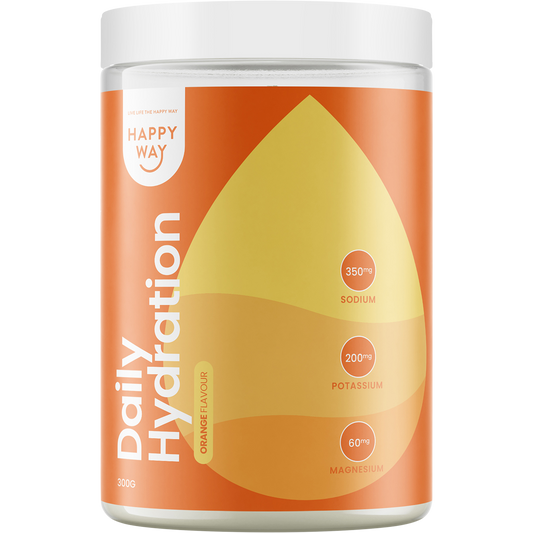 300g tub of Happy Way Daily Hydration Orange featuring a white label with vibrant orange citrus graphics.