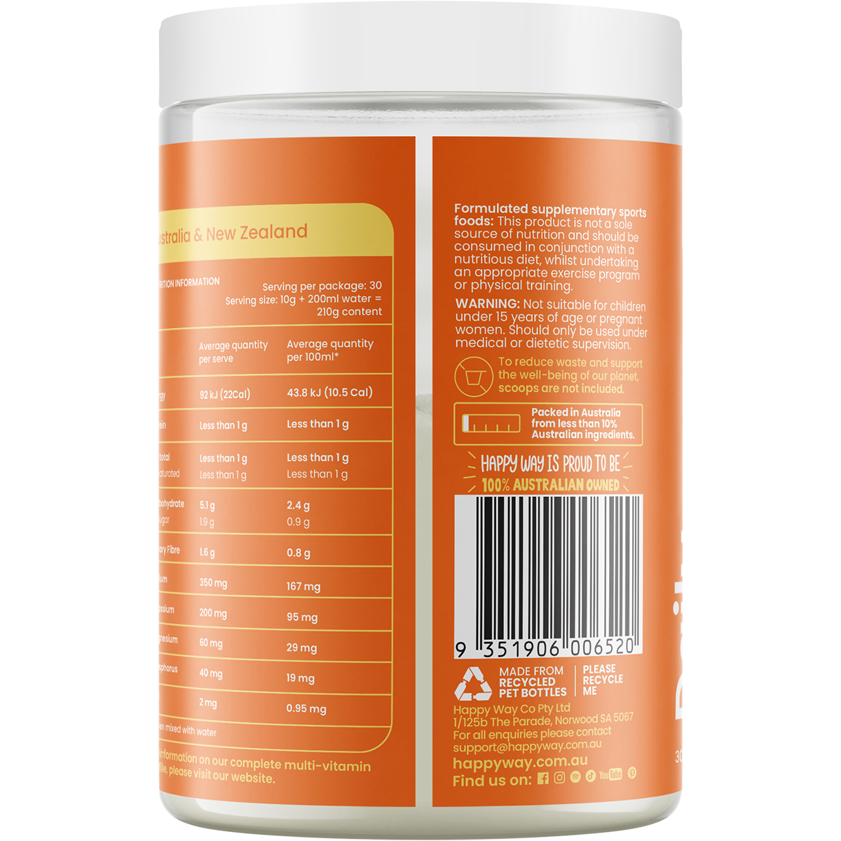 Back of Happy Way Daily Hydration Orange 300g tub showing ingredients, nutritional facts, and directions for use.