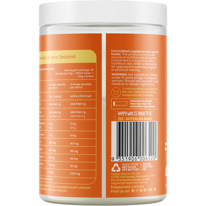 Back of Happy Way Daily Hydration Orange 300g tub showing ingredients, nutritional facts, and directions for use.