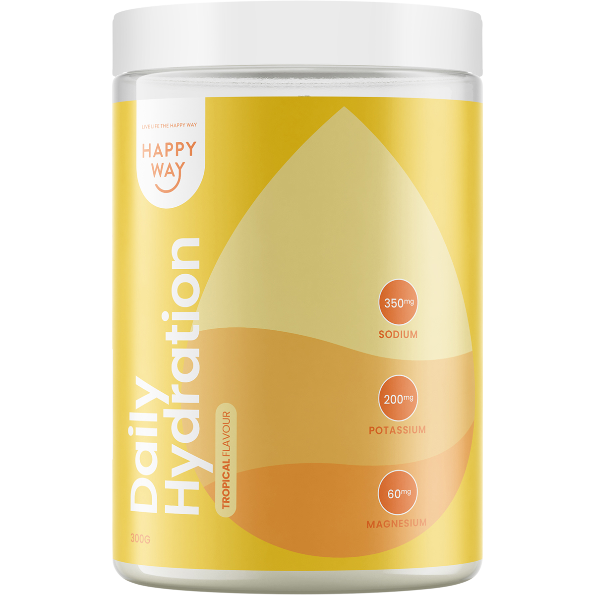 300g tub of Happy Way Daily Hydration Tropical electrolyte powder with a yellow and blue label featuring a mango.