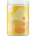 300g tub of Happy Way Daily Hydration Tropical electrolyte powder with a yellow and blue label featuring a mango.