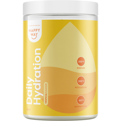 300g tub of Happy Way Daily Hydration Tropical electrolyte powder with a yellow and blue label featuring a mango.