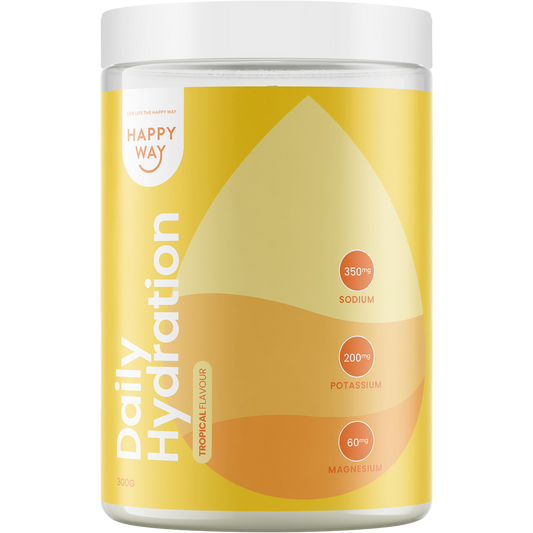 300g tub of Happy Way Daily Hydration Tropical electrolyte powder with a yellow and blue label featuring a mango.