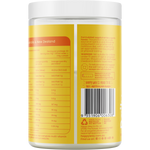 Back of Happy Way Tropical Hydration tub showing ingredients, nutritional facts, and directions on a yellow label.